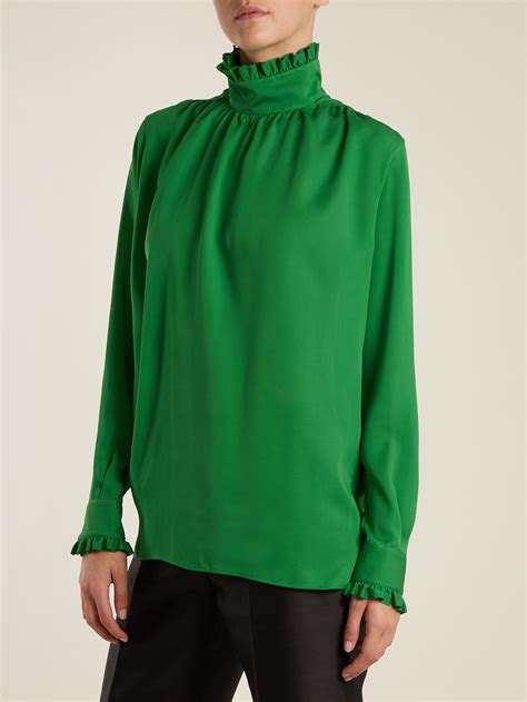 gucci green silk blouse|Gucci ruffle blouse.